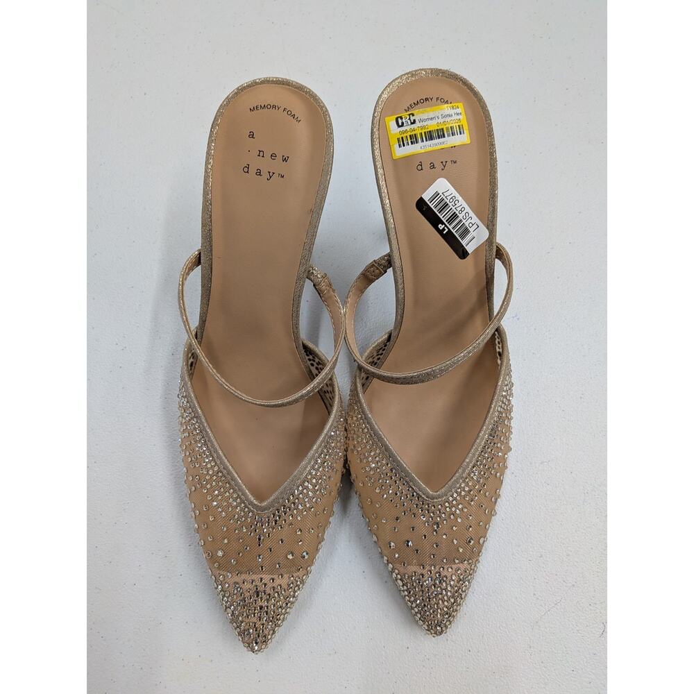 A New Day Gold Rhinestone Heels Women Slingback Pointed Toe Elegant